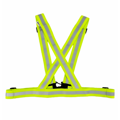 Yellow reflective safety sash belt front view with grey reflective stripe and buckle