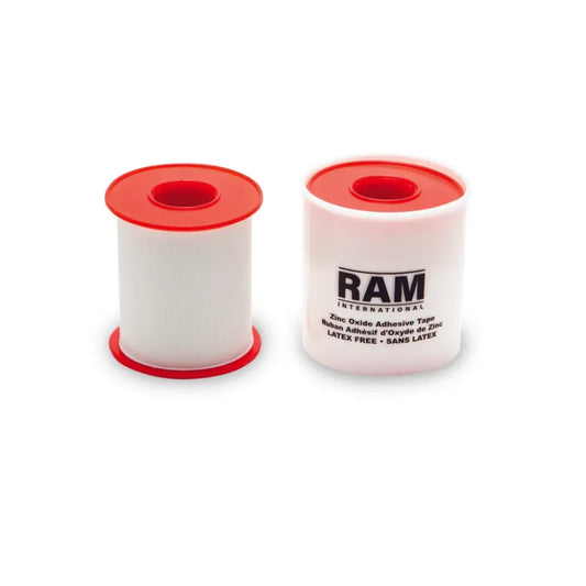 Zinc Oxide Adhesive Tape on a plastic spool with a protective clip-on cover, featuring a white cotton cloth backing for medical and sports strapping.
