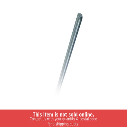 A single zinc-plated all-thread rod positioned diagonally against a white background with a red shipping notification banner